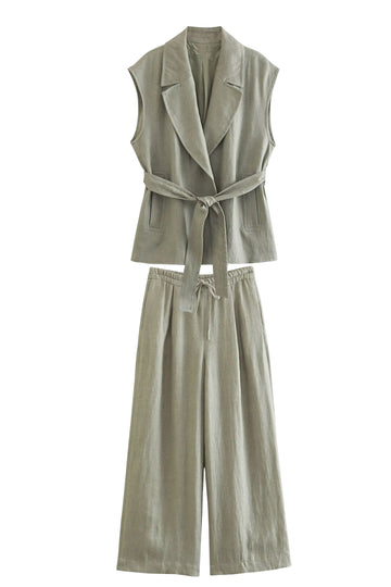 Grå Grøn 2 Piece Notched Lpael Ærmeløs Kvinder Prom Suits